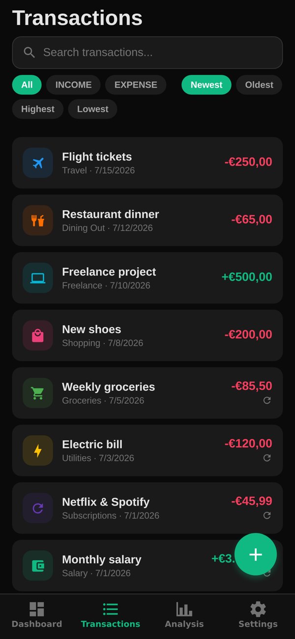 Transactions list with search and filters